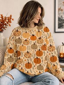 SHEIN LUNE Women's Pumpkin Print Crew Neck Long Sleeve Casual Sweatshirt - Multicolor - View 1