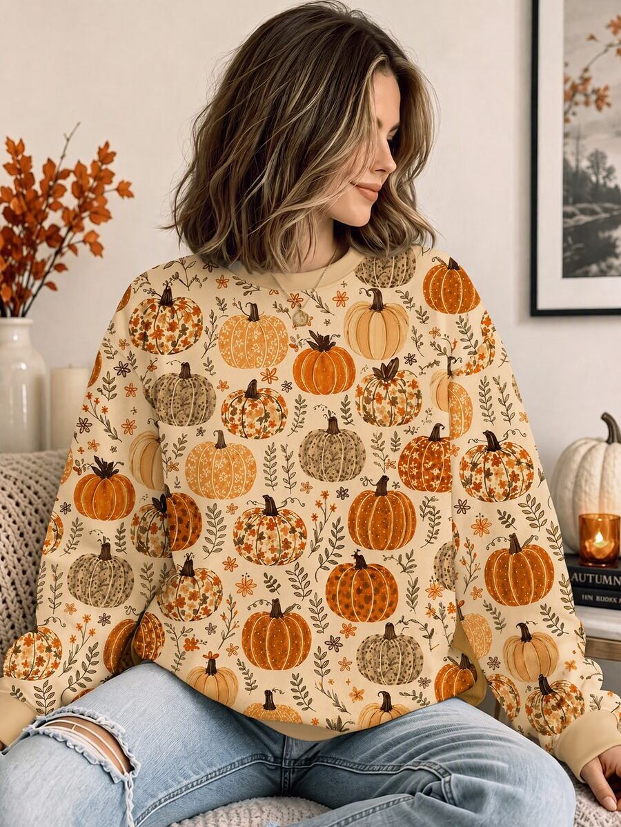 SHEIN LUNE Women's Pumpkin Print Crew Neck Long Sleeve Casual Sweatshirt - Multicolor - View 1