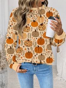 SHEIN LUNE Women's Pumpkin Print Crew Neck Long Sleeve Casual Sweatshirt - Multicolor - View 5