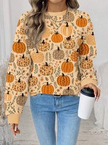 SHEIN LUNE Women's Pumpkin Print Crew Neck Long Sleeve Casual Sweatshirt - Multicolor - View 6