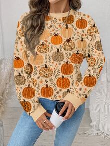 SHEIN LUNE Women's Pumpkin Print Crew Neck Long Sleeve Casual Sweatshirt - Multicolor - View 7