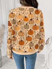 SHEIN LUNE Women's Pumpkin Print Crew Neck Long Sleeve Casual Sweatshirt - Multicolor - View 2