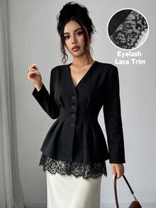 SHEIN Elenzya Eyelash Lace Panel Fold Pleated Coat - Black - View 1