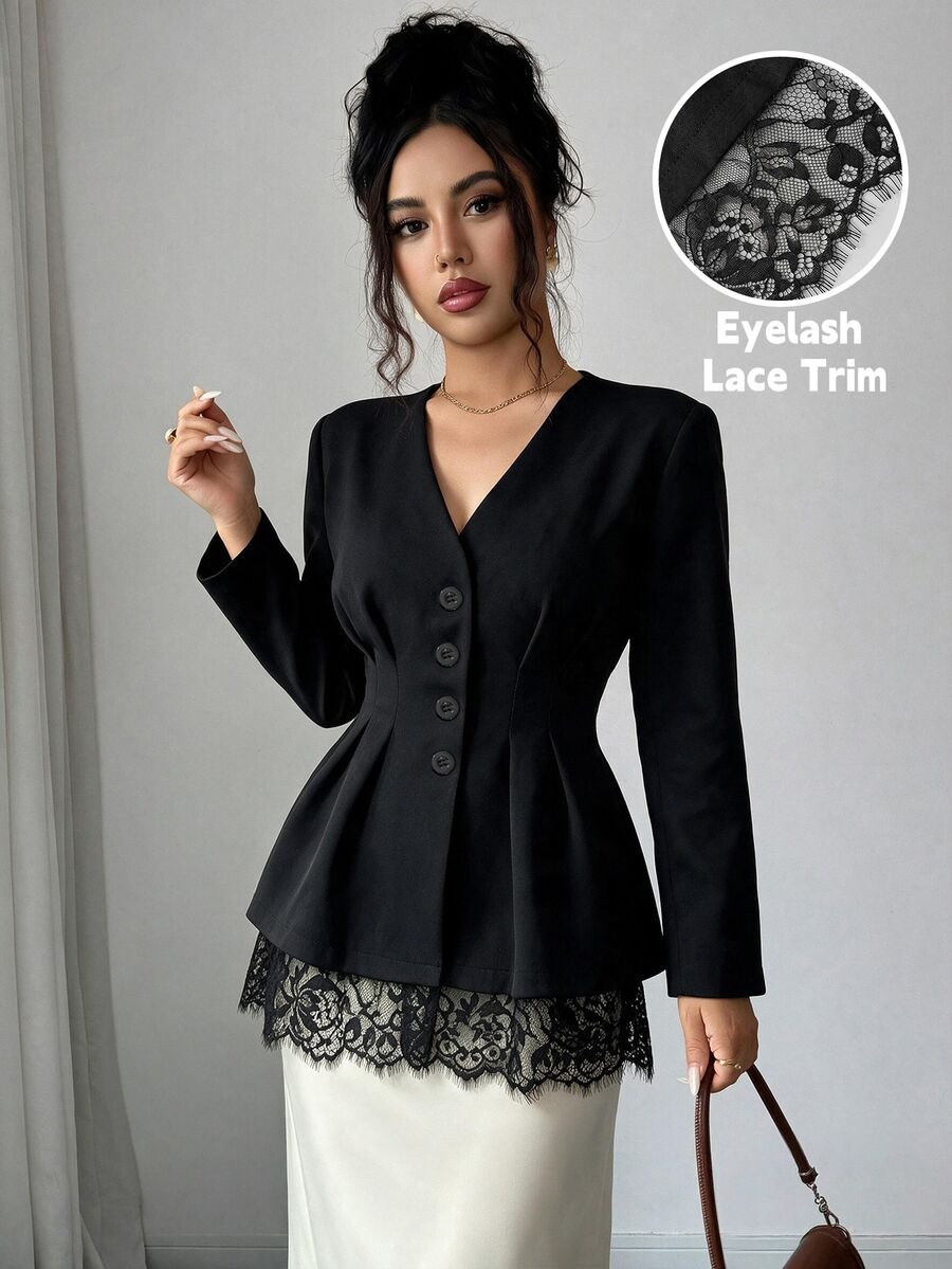 SHEIN Elenzya Eyelash Lace Panel Fold Pleated Coat - Black - View 1