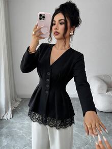 SHEIN Elenzya Eyelash Lace Panel Fold Pleated Coat - Black - View 3
