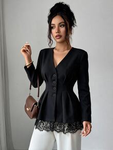 SHEIN Elenzya Eyelash Lace Panel Fold Pleated Coat - Black - View 4