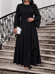 Fleurora Plus Size Women's Solid Color Round Neck Flare Sleeve Side Knot Elegant Dress Fall - Black - View 1