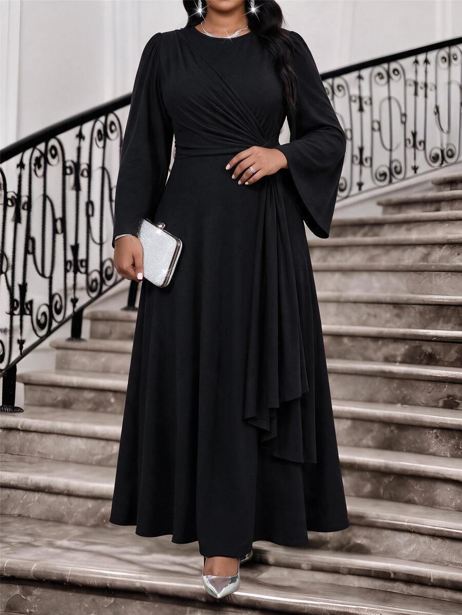 Fleurora Plus Size Women's Solid Color Round Neck Flare Sleeve Side Knot Elegant Dress Fall - Black - View 1