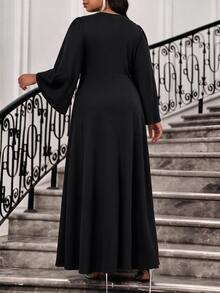 Fleurora Plus Size Women's Solid Color Round Neck Flare Sleeve Side Knot Elegant Dress Fall - Black - View 2