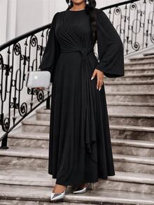 Fleurora Plus Size Women's Solid Color Round Neck Flare Sleeve Side Knot Elegant Dress Fall - Black - View 3