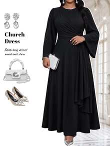 Fleurora Plus Size Women's Solid Color Round Neck Flare Sleeve Side Knot Elegant Dress Fall - Black - View 7
