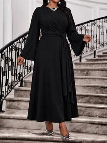 Fleurora Plus Size Women's Solid Color Round Neck Flare Sleeve Side Knot Elegant Dress Fall - Black - View 5