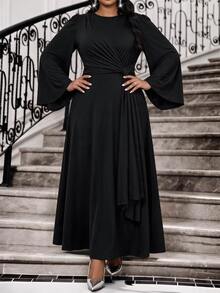 Fleurora Plus Size Women's Solid Color Round Neck Flare Sleeve Side Knot Elegant Dress Fall - Black - View 6