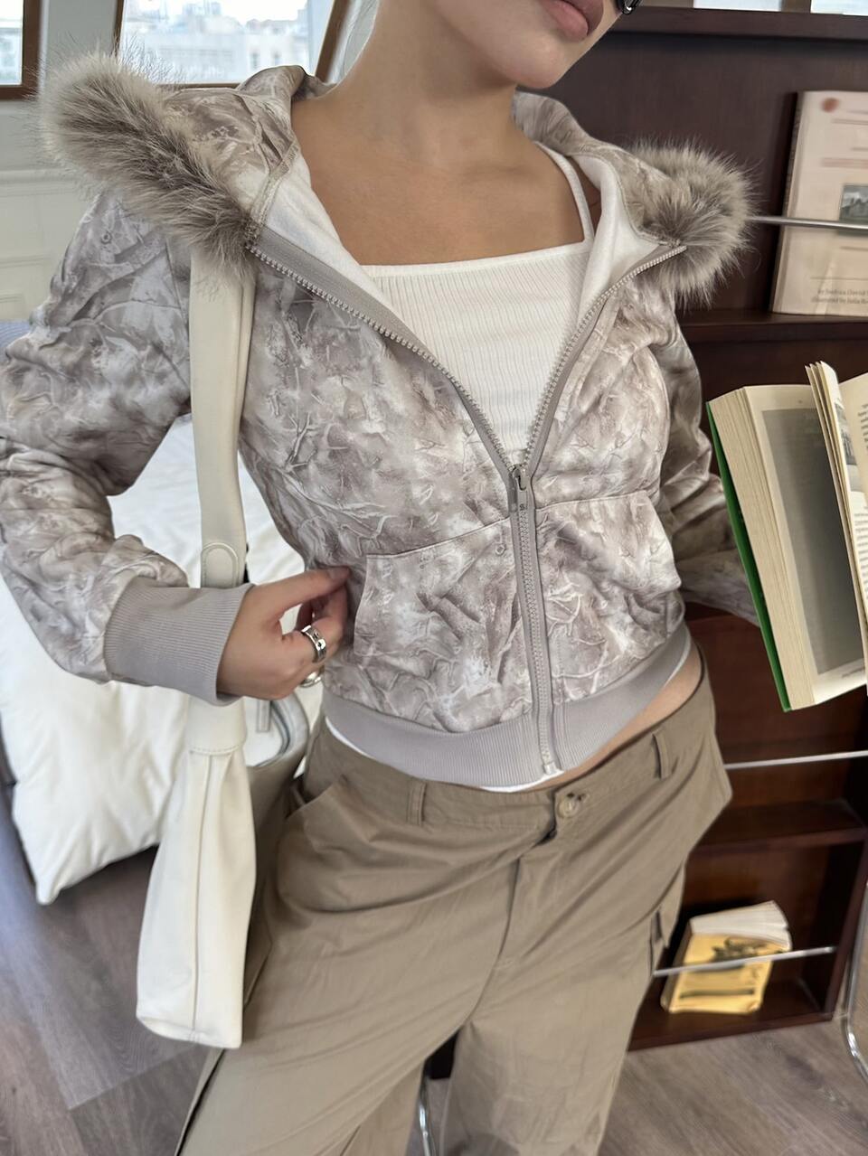Women's Autumn/Winter Hooded Fur Collar Long Sleeve Camouflage Print Short Casual Street Outdoor Jacket Sweatshirt