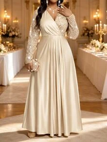 Fleurora Plus Size Shiny Colorblock Pleated Dress - Khaki - View 3