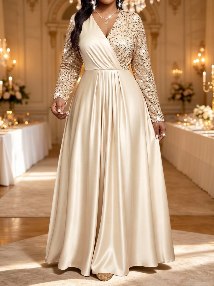 Fleurora Plus Size Shiny Colorblock Pleated Dress - Khaki - View 1