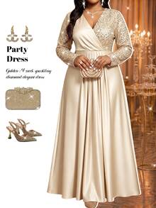 Fleurora Plus Size Shiny Colorblock Pleated Dress - Khaki - View 7