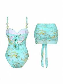 Bonvoyette Swim Oasis 女士纯色吊带米色钢圈连体泳衣，配有可拆卸肩带、可调节侧边荷叶边和可拆卸金属装饰网纱裙三件套泳衣 - 薄荷綠 - 查看 3
