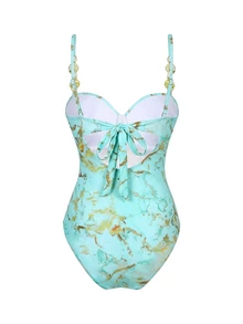Bonvoyette Swim Oasis 女士纯色吊带米色钢圈连体泳衣，配有可拆卸肩带、可调节侧边荷叶边和可拆卸金属装饰网纱裙三件套泳衣 - 薄荷綠 - 查看 8