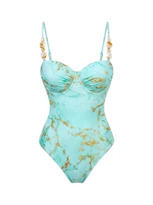 Bonvoyette Swim Oasis 女士纯色吊带米色钢圈连体泳衣，配有可拆卸肩带、可调节侧边荷叶边和可拆卸金属装饰网纱裙三件套泳衣 - 薄荷綠 - 查看 7