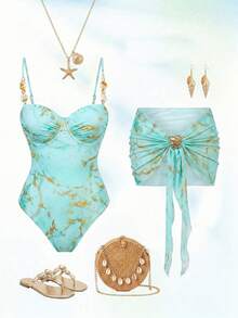 Bonvoyette Swim Oasis 女士纯色吊带米色钢圈连体泳衣，配有可拆卸肩带、可调节侧边荷叶边和可拆卸金属装饰网纱裙三件套泳衣 - 薄荷綠 - 查看 4