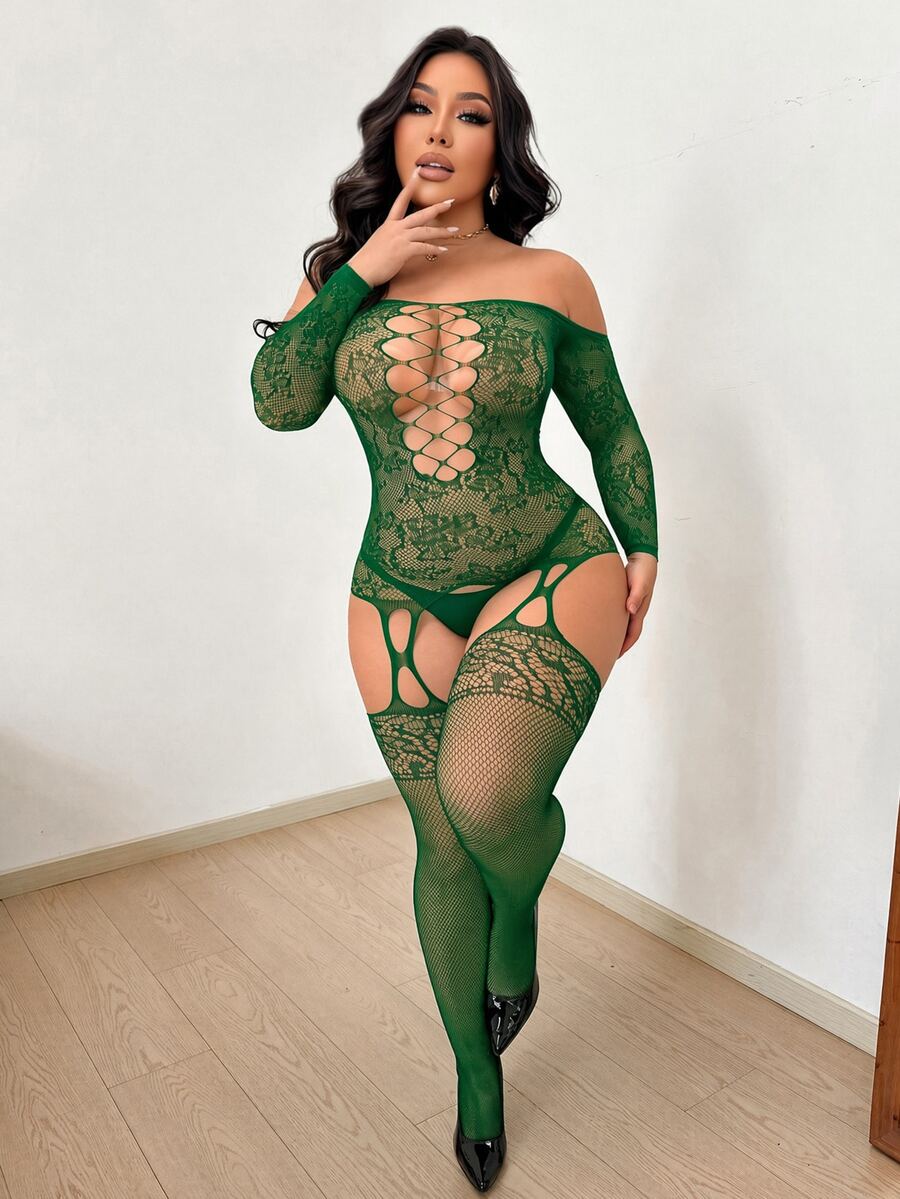 ChaseTheNight Bodysuit Jaring-jaring Seksi Satu Potong Ukuran Plus - Dark Green - View 1