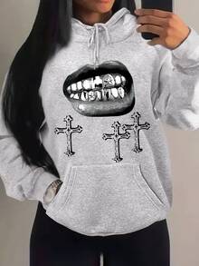 Rovax Plus Size Women Casual Anti Social Funny Lip Sweatshirt, Autumn/Winter Halloween Beach Vacation Gray - Light Grey - View 3