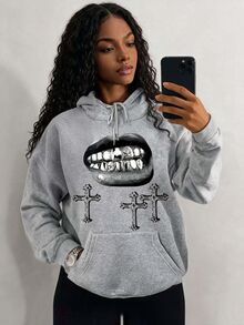Rovax Plus Size Women Casual Anti Social Funny Lip Sweatshirt, Autumn/Winter Halloween Beach Vacation Gray - Light Grey - View 1