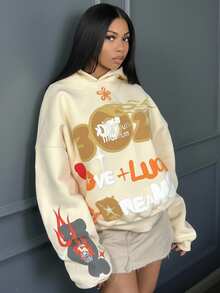 Rovax Women's Letter Print Drop Shoulder Long Sleeve Casual Loose Sweatshirt, Autumn/Winter, Christmas - Khaki - View 5