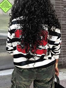 Rovax Women's Casual Printed Crew Neck Sweatshirt - Black and White - View 2