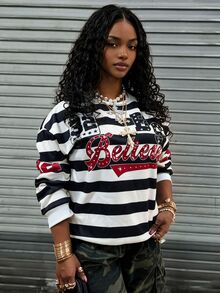 Rovax Women's Casual Printed Crew Neck Sweatshirt - Black and White - View 1
