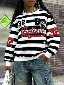 Rovax Women's Casual Printed Crew Neck Sweatshirt - Black and White - View 5