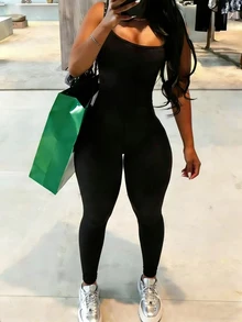 Rovax Plus Size Women Solid Color Casual Jumpsuit - Black - View 3