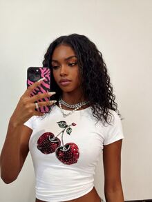 Rovax Women's Fashionable Sexy Cherry Print Cropped T-Shirt, Summer - Multicolor - View 1