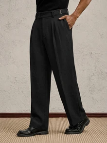 AKNOTIC Pantalones de traje casual de moda con pliegues y bolsillos de unicolor para hombres - Negro - Ver 5