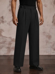 AKNOTIC Pantalones de traje casual de moda con pliegues y bolsillos de unicolor para hombres - Negro - Ver 3