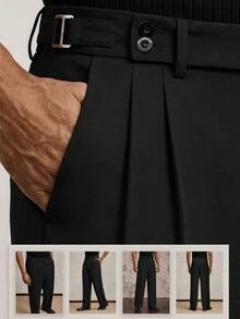 AKNOTIC Pantalones de traje casual de moda con pliegues y bolsillos de unicolor para hombres - Negro - Ver 1