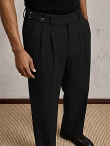 AKNOTIC Pantalones de traje casual de moda con pliegues y bolsillos de unicolor para hombres - Negro - Ver 4