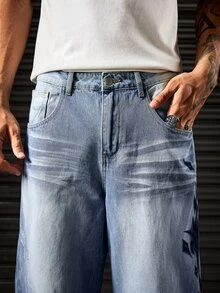 ROMWE MEN Street Life Men's Gothic Pattern Pocket Wide Leg Loose Casual Denim Jeans - Blue - View 7