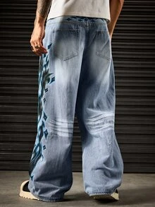 ROMWE MEN Street Life Men's Gothic Pattern Pocket Wide Leg Loose Casual Denim Jeans - Blue - View 4