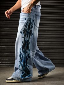 ROMWE MEN Street Life Men's Gothic Pattern Pocket Wide Leg Loose Casual Denim Jeans - Blue - View 5