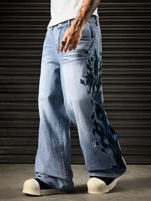 ROMWE MEN Street Life Men's Gothic Pattern Pocket Wide Leg Loose Casual Denim Jeans - Blue - View 3