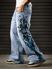 ROMWE MEN Street Life Men's Gothic Pattern Pocket Wide Leg Loose Casual Denim Jeans - Blue - View 9