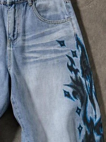 ROMWE MEN Street Life Men's Gothic Pattern Pocket Wide Leg Loose Casual Denim Jeans - Blue - View 8