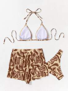 Breezaya 3pcs/Set Random Printed Bikini Swimwear For Summer Beach Vacation - Brown - View 5