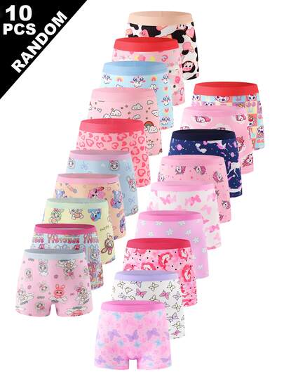 Random 10pcs Girls Comfortable Cartoon Printed Panties, Random Designs Include Butterfly, Pony, Heart Winter Baby Pink White