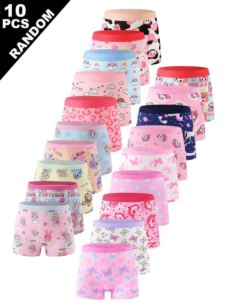 Random 10pcs Girls Comfortable Cartoon Printed Panties, Random Designs Include Butterfly, Pony, Heart Winter Baby Pink White