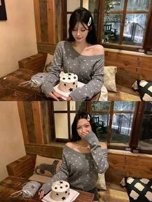 DAZY Women's Autumn Asymmetrical Neck Long Sleeve Grey & White Polka Dot Pattern Loose Casual Sweet Street Style Knit Cardigan - Grey - View 4