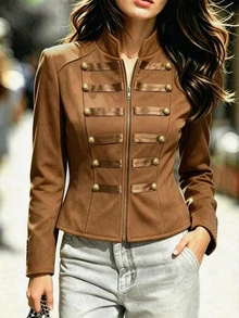 SHEIN Jaket Lengan Panjang Wanita dengan Resleting, Kasual, Serbaguna, untuk Perjalanan Sehari-hari - Mocha Brown - View 3