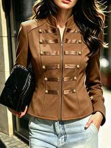 SHEIN Jaket Lengan Panjang Wanita dengan Resleting, Kasual, Serbaguna, untuk Perjalanan Sehari-hari - Mocha Brown - View 4